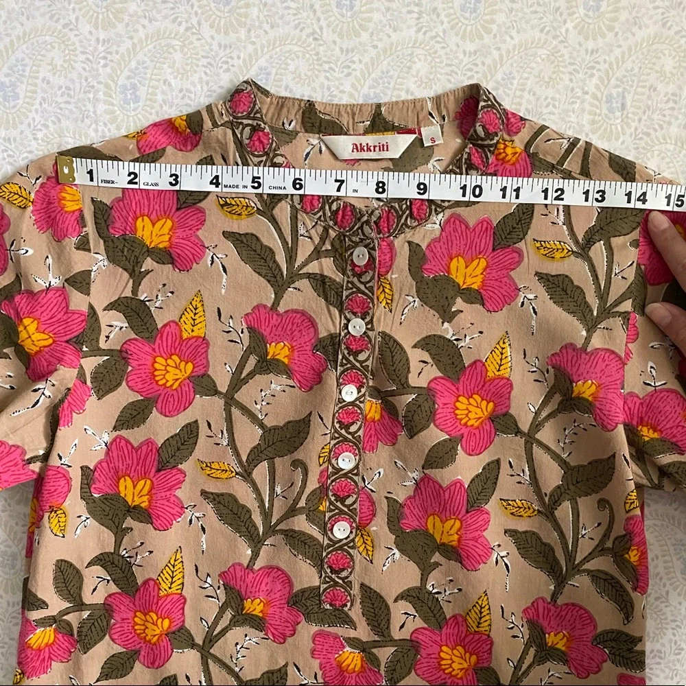 Akkriti 100% cotton floral blouse 3/4 sleeve, pink tan yellow - Picture 4 of 11